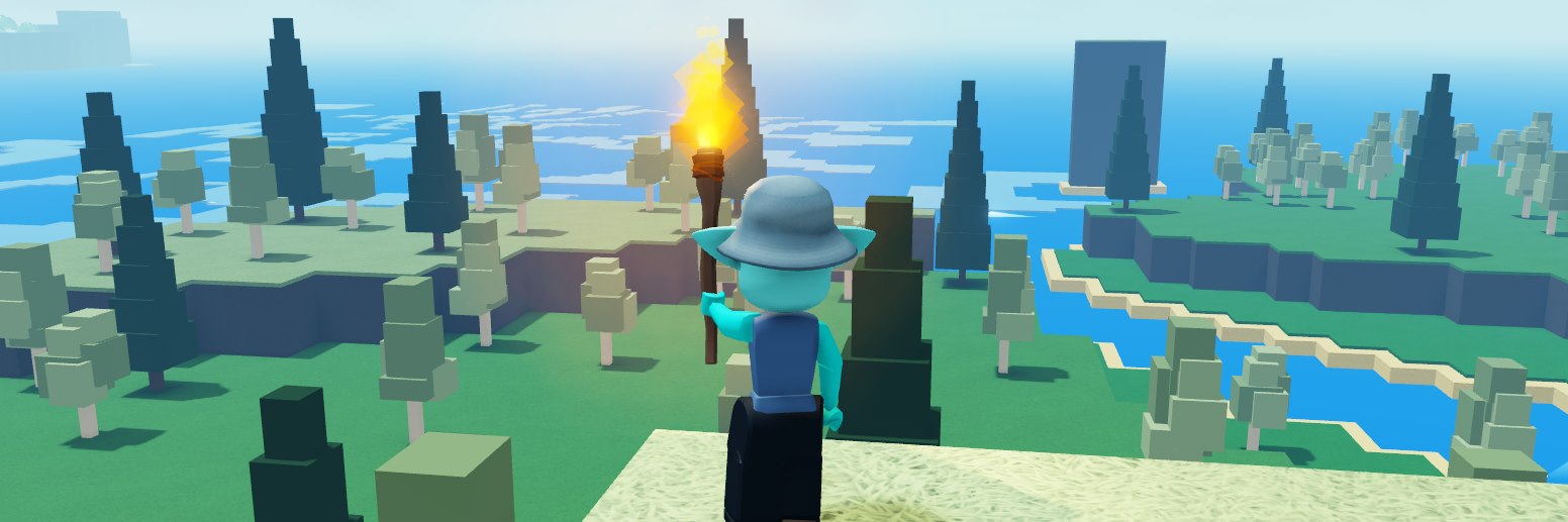 A blocky Roblox character in a bucket hat holds a torch, looking out over grassy islands, pine trees and blue water in Little Islands 2.